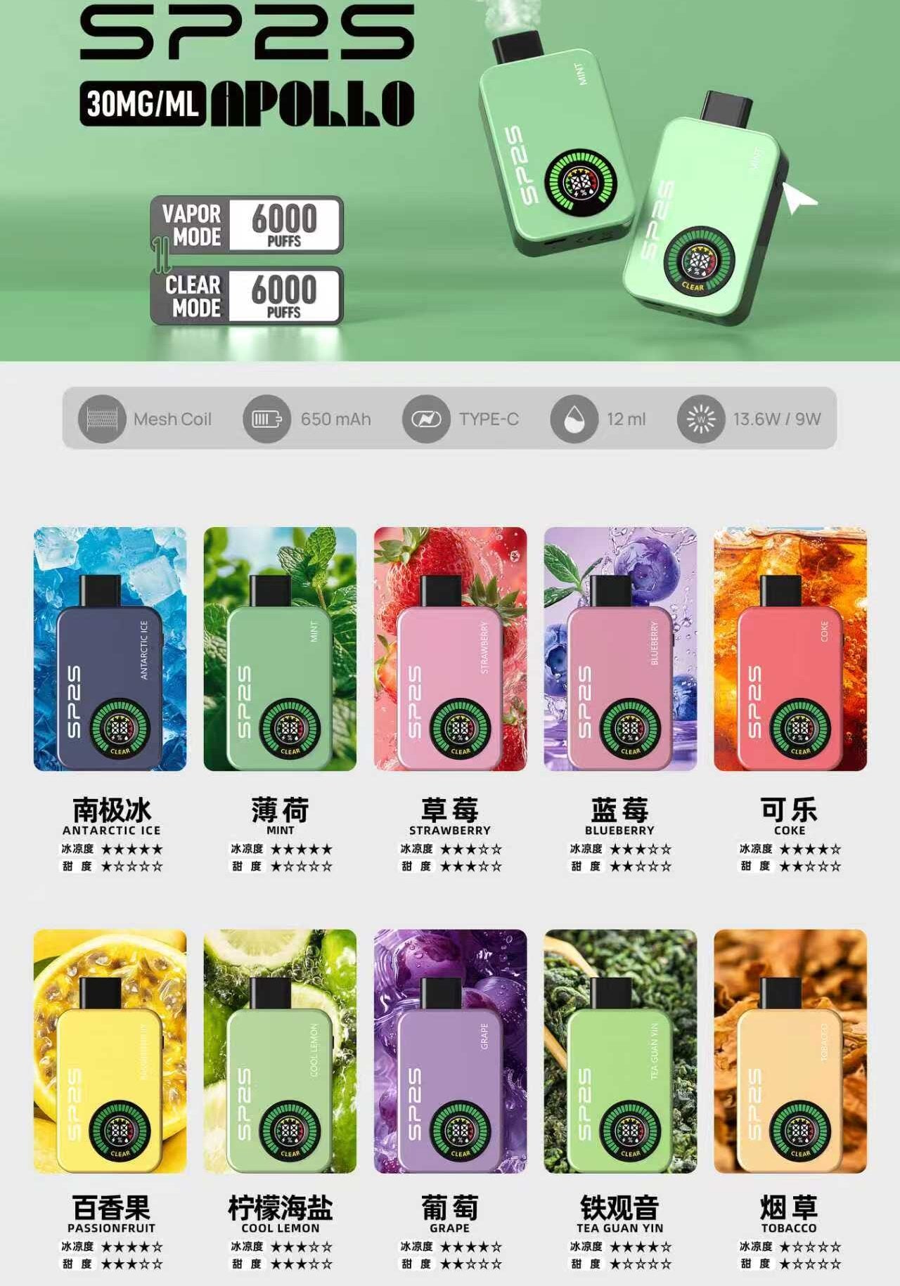 SP2S Apollo 12000口拋棄式電子煙|雙模式切換|6ml雙倉設計|全彩液晶螢幕顯示|便攜式電子煙設備-台灣現貨