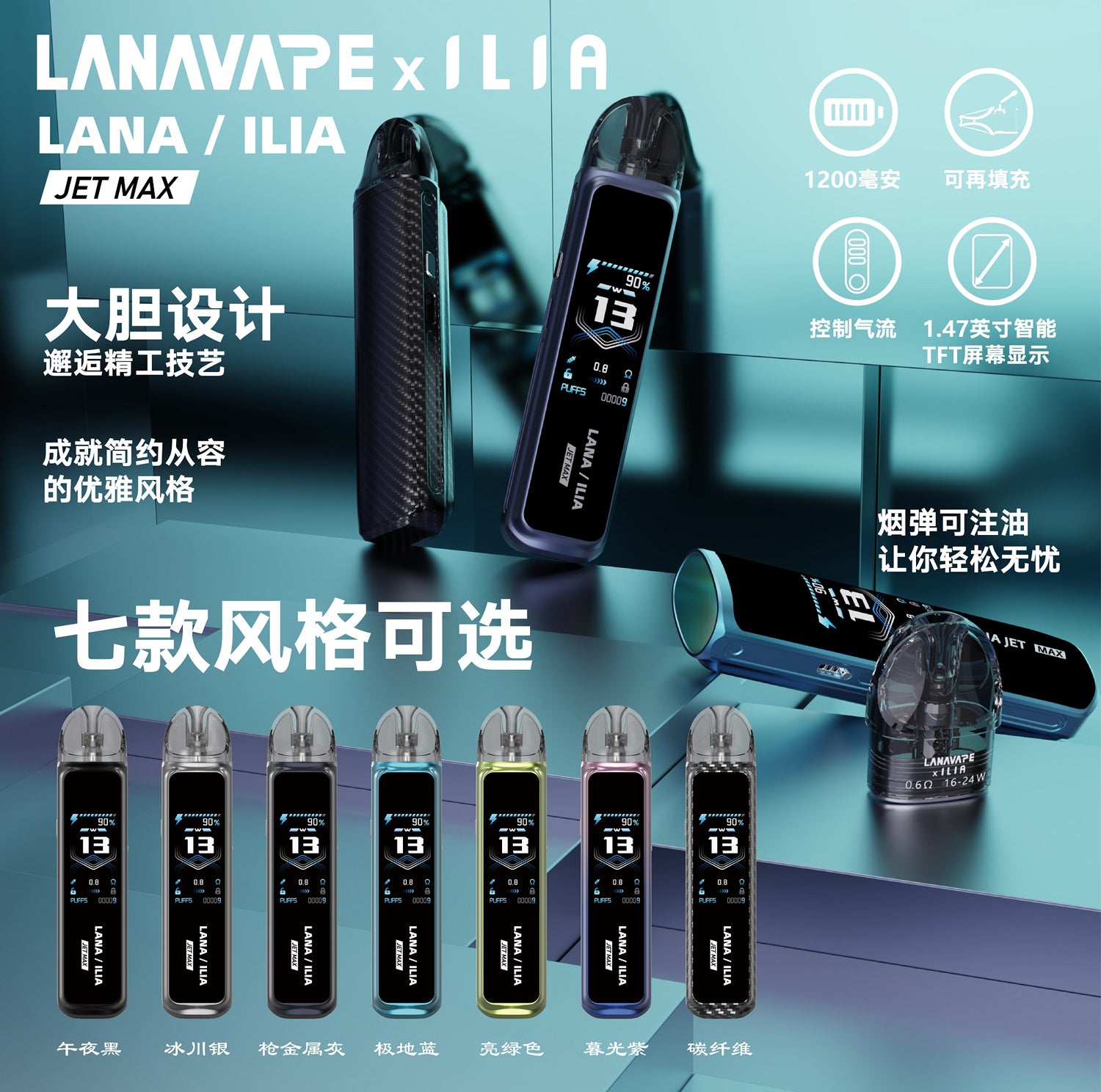 LANA·ILIA 聯名款注油主機｜JET MAX 大煙套裝電子煙主機｜1200mAh大電量｜智能螢幕＋功率可調-台灣現貨